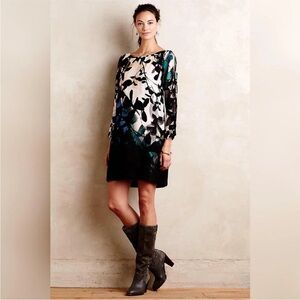 Maeve Anthropologie Shaded Garden Shift Dress Black Floral Cut-out Sleeve  XS.